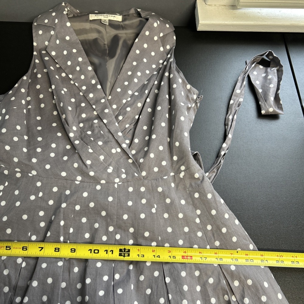 Evan Picone Women's 10 Gray White Polka Dot Dress Belted Sleeveless Collar Zip‎ - Picture 12 of 16